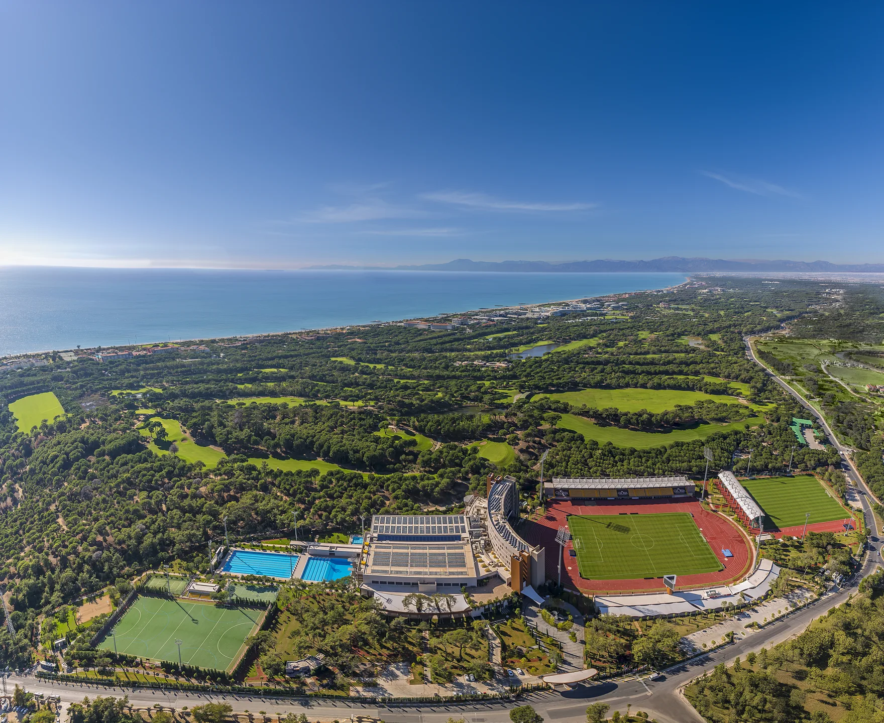 Wide aerial view of Gloria Sports Arena in Belek