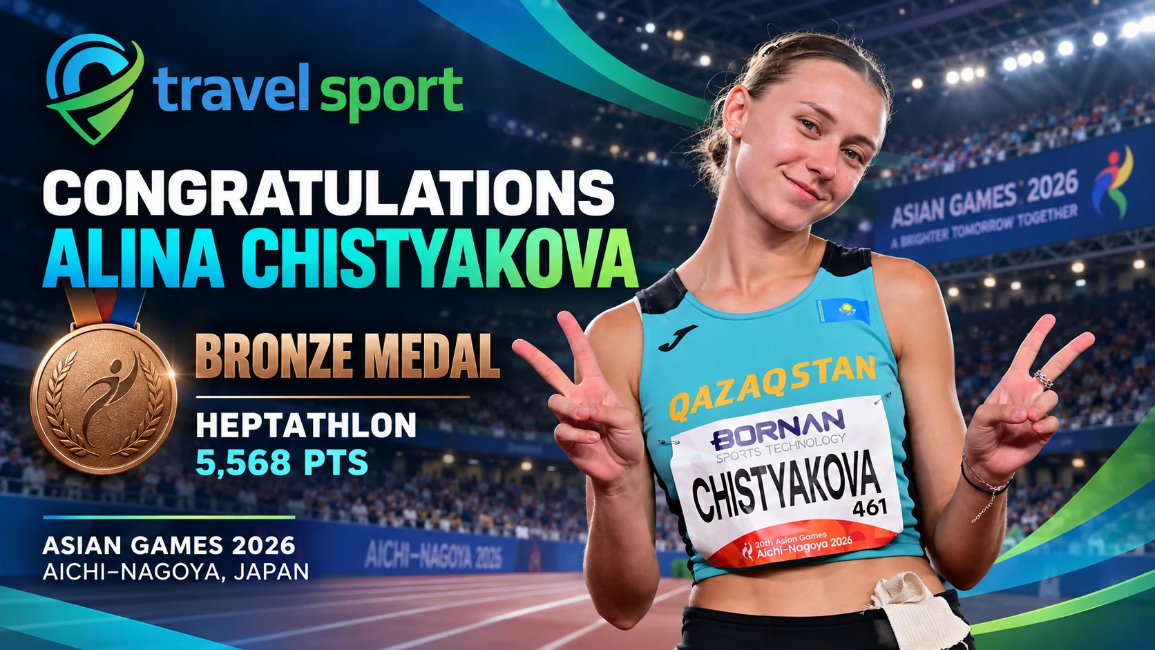 L’heptathlonienne kazakhe Alina Chistyakova et une médaille de bronze célébrant son résultat à Aichi-Nagoya 2026