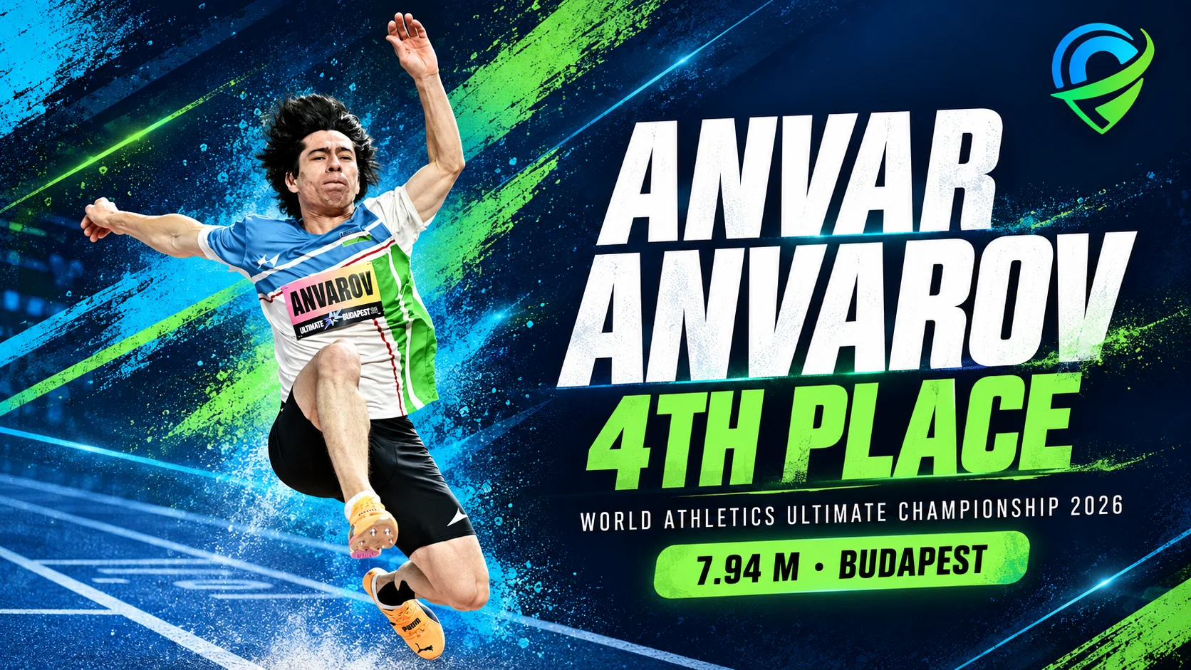 Anvar Anvarov feiert beim World Athletics Ultimate Championship 2026 in Budapest den vierten Platz im Weitsprung der Männer