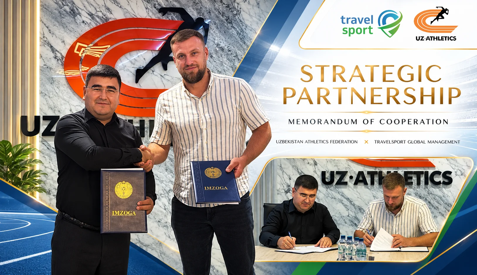 Representatives of the Athletics Federation of Uzbekistan and TravelSport Global Management shake hands and hold the signed memorandum